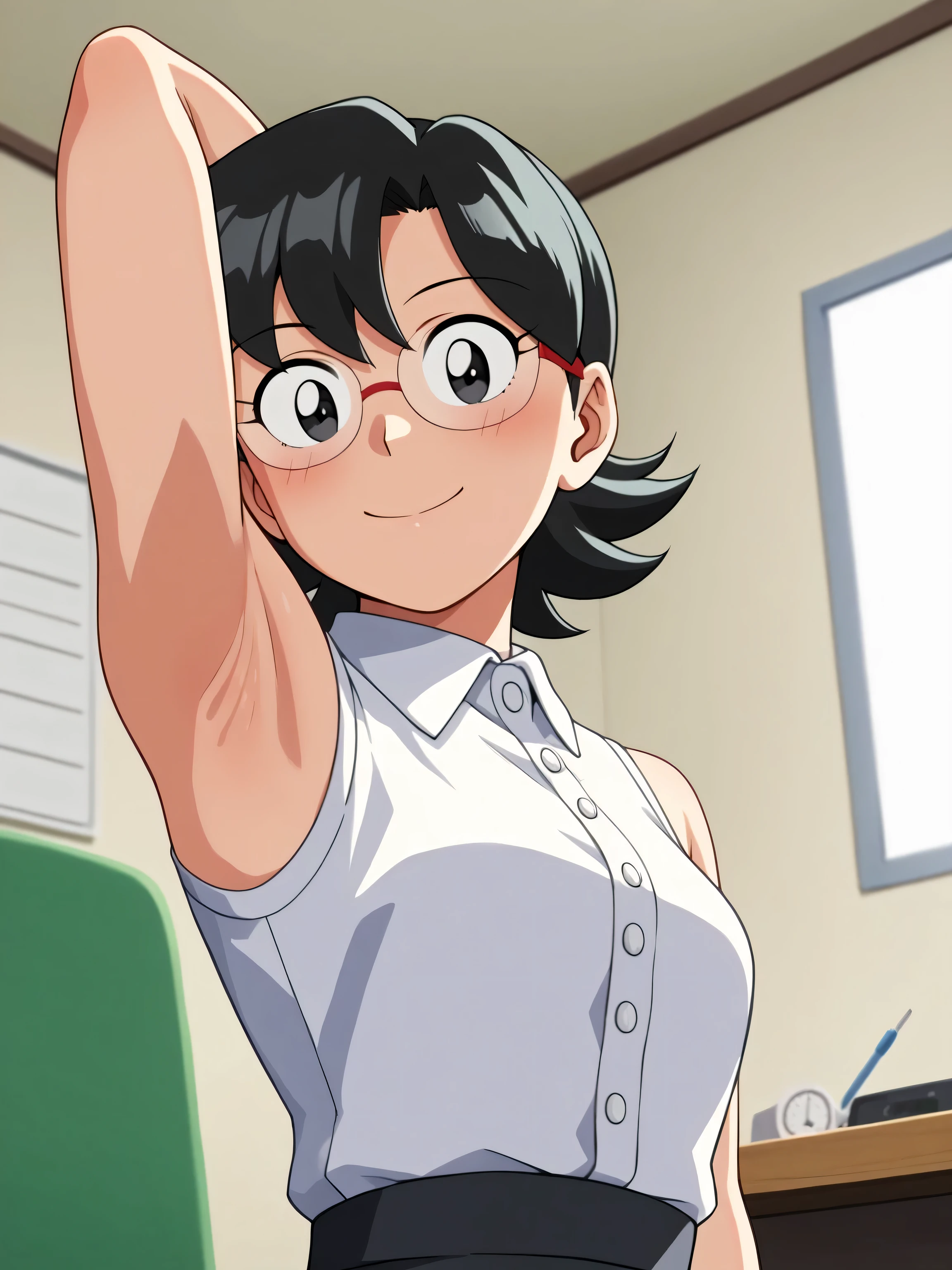 score_9, score_8_up, score_7_up, source_anime, anime coloring, masterpiece, best quality, amazing quality, anime screencap, 1girl, solo, tamako nobi, black hair, black eyes, glasses, white shirt, collared shirt, sleeveless shirt, buttons, black skirt, bare shoulders, bare arms, arm behind head, armpit, head towards viewer, looking at viewer, smile, blush, closed mouth, indoors, office, armpit focus, Doraemon style, retro anime style, skindentation, from side, from below, on viewer's lap, armpit into viewer's face