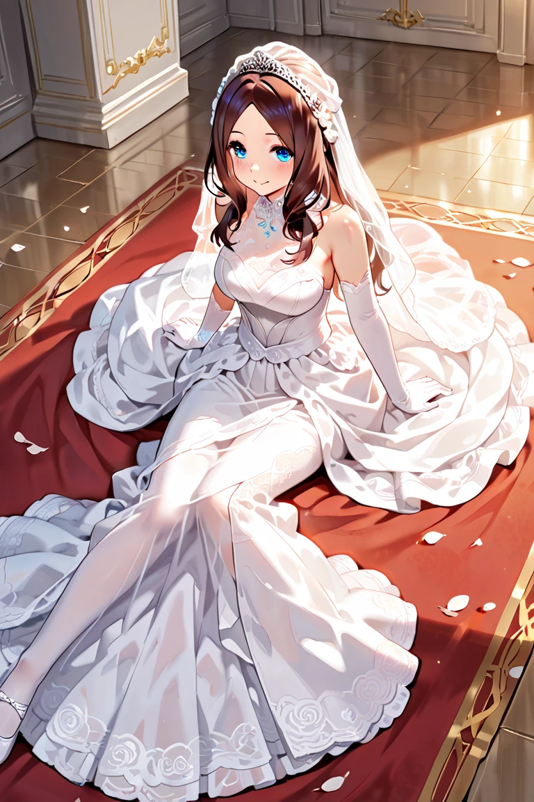 masterpiece, (bestquality), highlydetailed, ultra-detailed, light, solo, (1girl), blush, bouquet, bridal veil, brown eyes, cleavage, dress, flower, long hair, looking at viewer, lying, on back, pillow, smile, bare shoulders, barefoot, veil, wedding dress, white dress