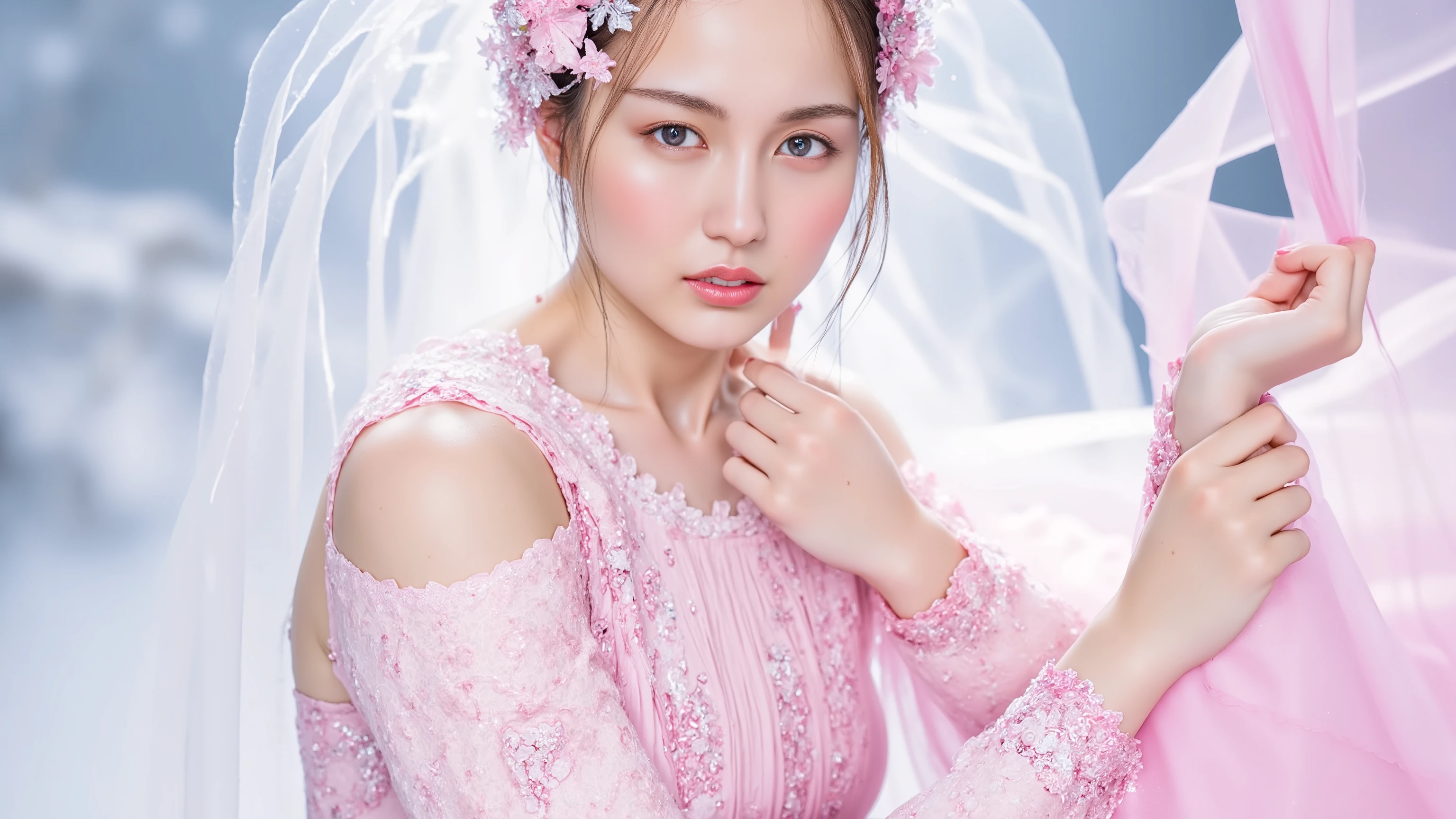 February Goddess
Appearance:: 1.75 meters
Gender: women
Eye color: Deep blue that shines like a clear sky. Hair Color: Soft pink with hints of gold reminiscent of a sunset.
Skin color: Very white skin Special Features: Her skin、There are patterns reminiscent of frosty plants and hearts, Delicate white lines that look like ice crystals and、has the color of a rose on the outside. Big Breasts 3. Her pink goddess dress、There are slight gold and white patterns and floral patterns, The background is luxurious