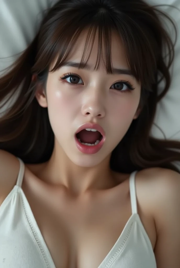 highest quality、masterpiece、girl 1、Super detailed brown hair、blunt bangs Ahegao、stick out tongue、Drool、salivate、saliva、Drool、Drooling SEX in、play sex、sex、Sprinkle sperm、large amount of sperm、drenched in sperm、intense sex face is close、Facial Close-up pillow、bed