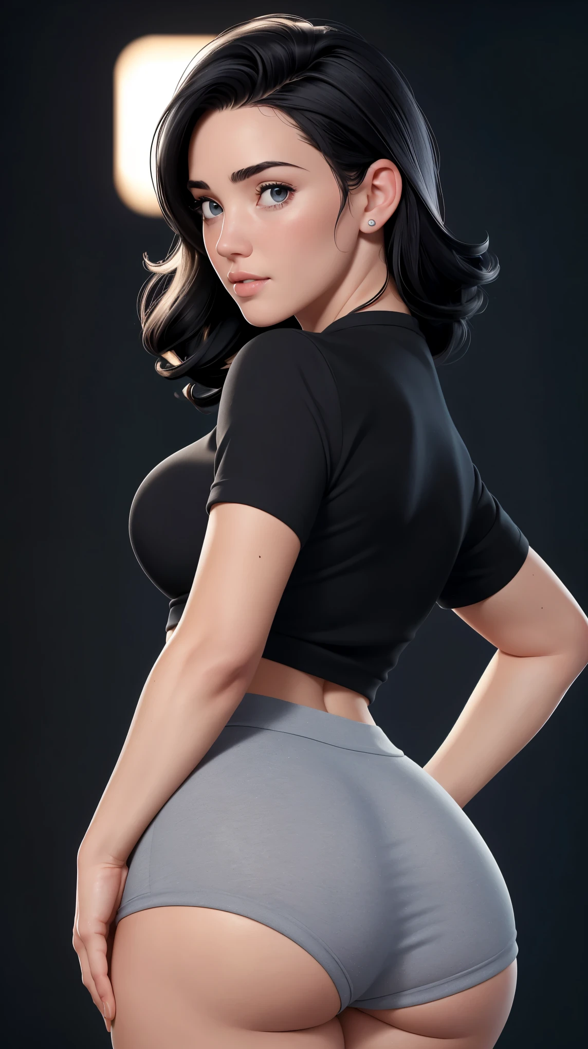 Sexy, slim iranian woman with gray eyes and a sexy pose, dressed in super hot short shorts from behind