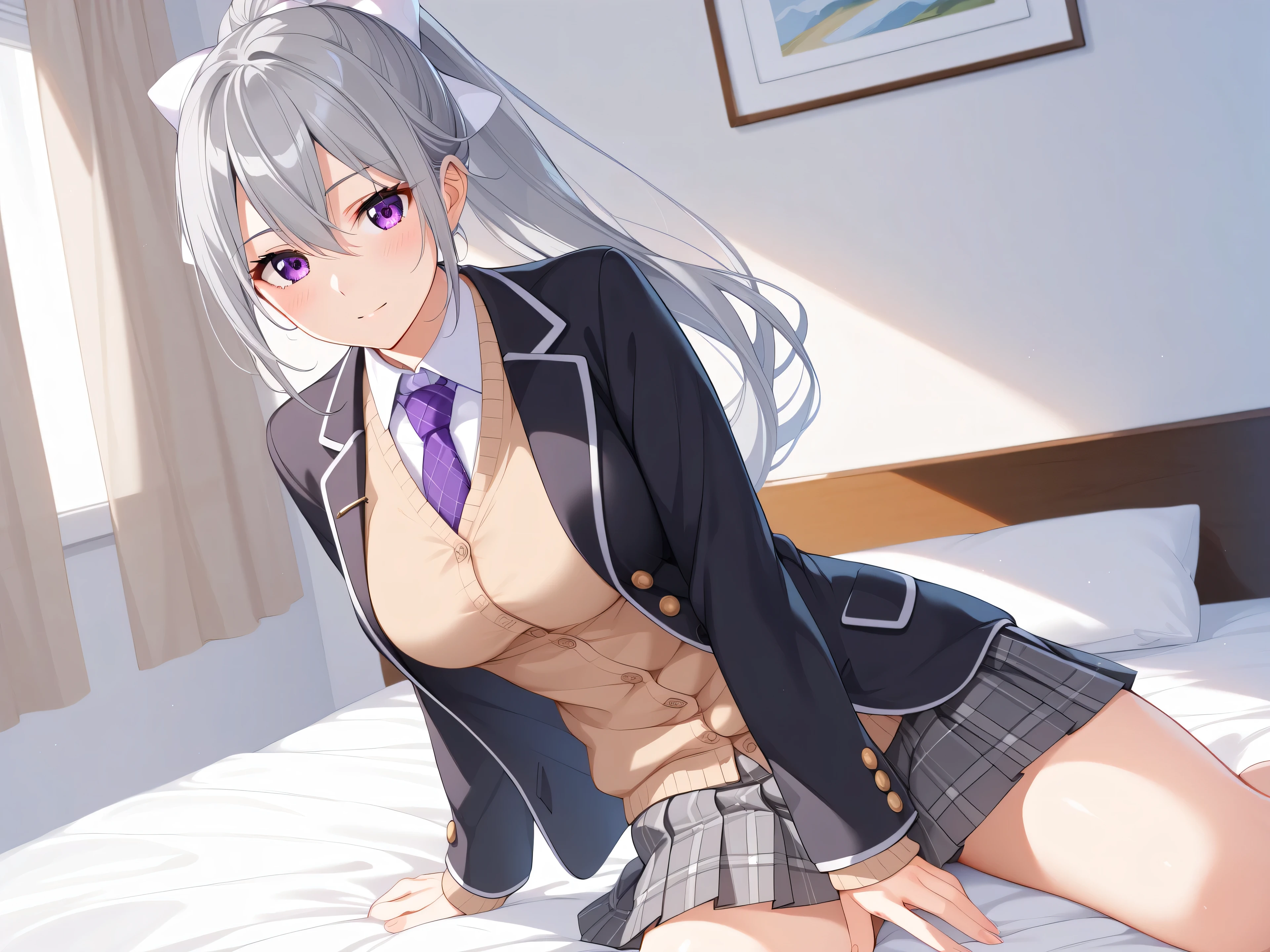 1woman,best quality,ultra-detailed,high resolution,extremely detailed CG,unity 8k wallpaper,score_9, score_8_up, score_7_up, source_anime,hk1, purple eyes, grey hair, hair between eyes, long hair,ponytail, bow, white bow,shirt, cardigan, jacket, black jacket, blazer, skirt, grey skirt, plaid skirt, nsfw,mature female,professional quality、bed room、medium breasts、pleated skirt、tsurime,Official Art,crotch seam、necktie, purple necktie,