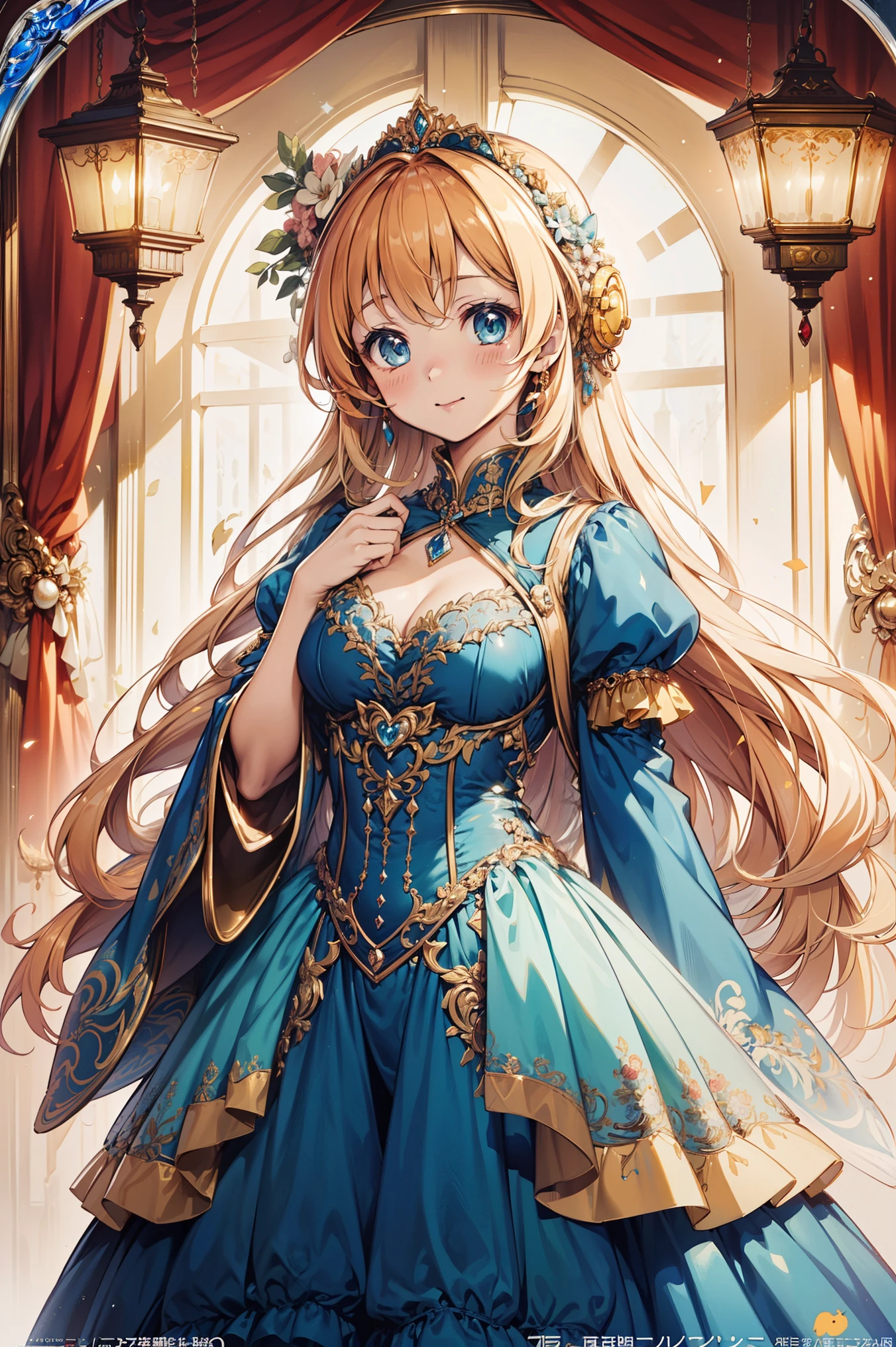 is the best quality,Ultra High Resolution,((( The super gorgeous beautiful dress is a Rococo Victorian style dress, cute anime art style ))), (Single lady :1.2: beautiful lower chest :1.2), (expressive hair:1.1:Thick and long hair :1.1), bangs, (cowboy shooting:1.1), (Super Exquisite Face :1.3: masterpiece:1.3: extremely detailed:1.3:extremely fine and beautiful:1.2:Unity 16K 壁纸:1.1), (cute anime art style:1.1),charm, with a vivid expression