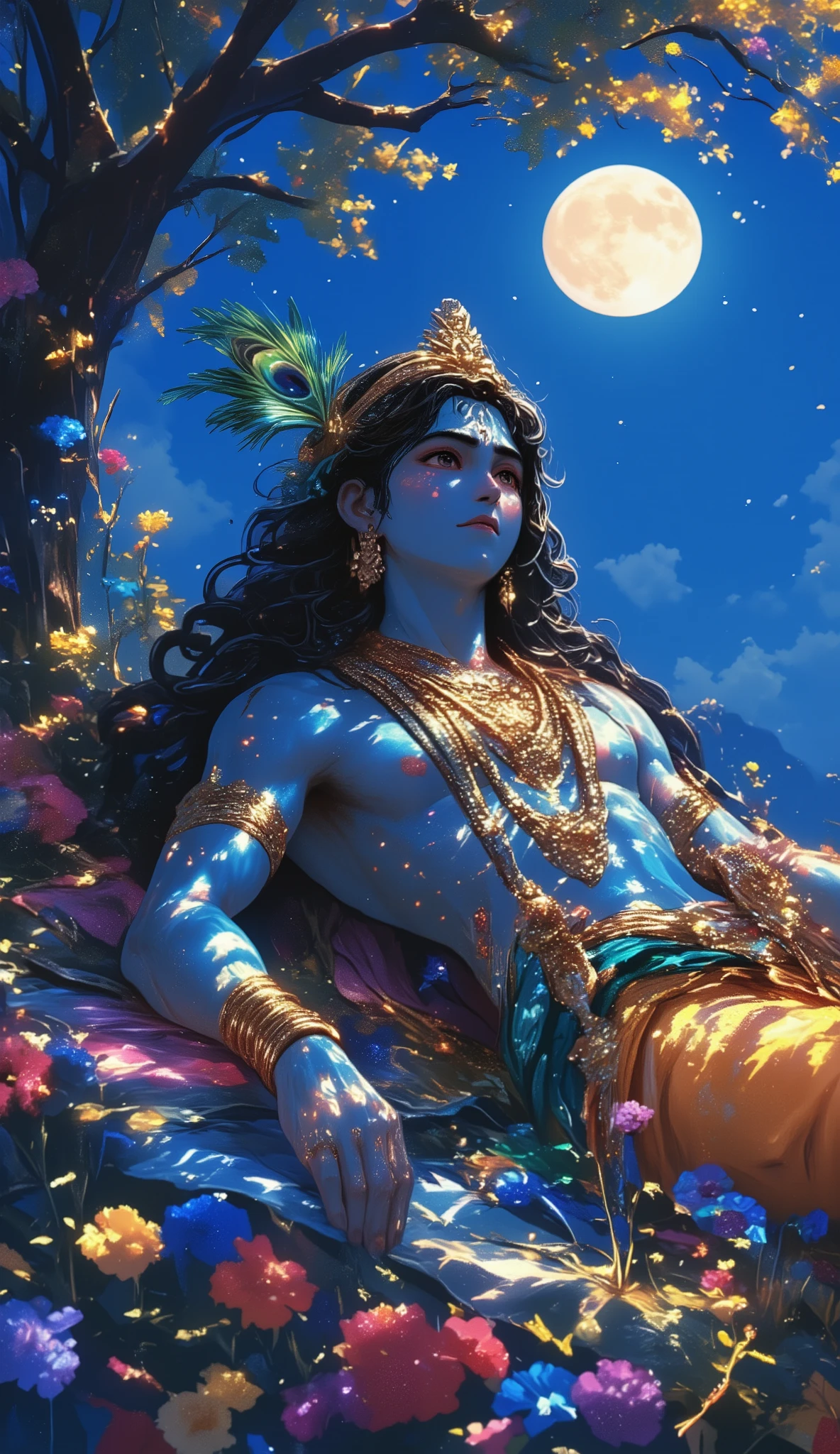 Create an image of Lord Shri Krishna, with long, thick, black curly hair, a masculine face but very handsome, a golden crown on the head and a peacock feather in the crown, lying under a tree, it is a moonlit night and there are colorful flowers all around.