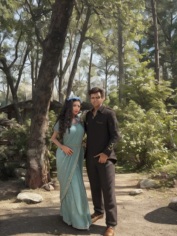 A boy with curls wearing a dark blue blouse with black jeans. He is standing next to a girl with long black wavy hair. She is wearing a long Green dress with a gold belt around her waist. The boy and girl are both smiling.