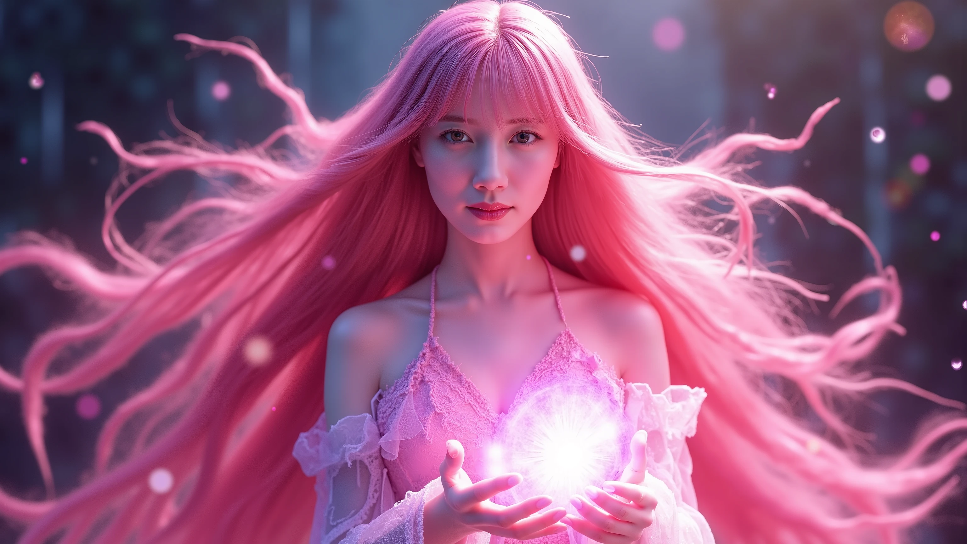 age, long pink hair, wave hair, beautiful and charming pink dress, ambereyes , eyes as bright and beautiful as the sun, beautiful, Pink magic in your hands