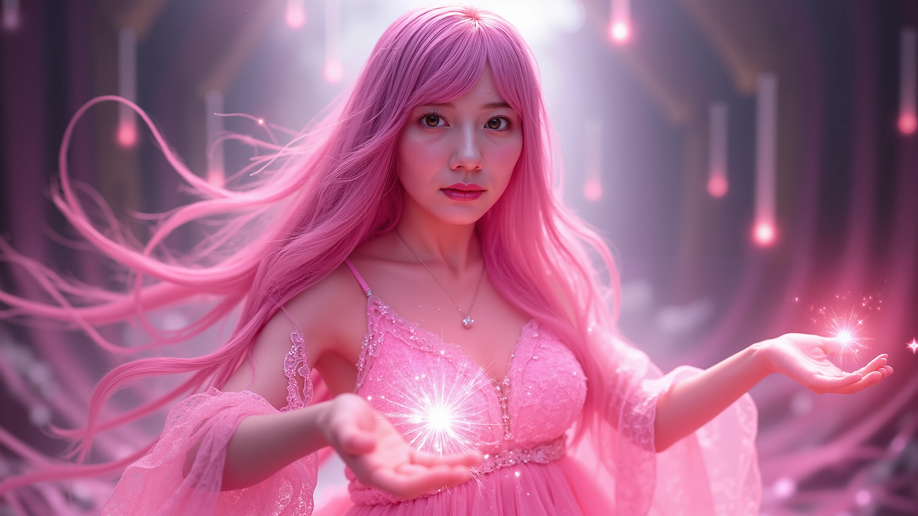 age, long pink hair, wave hair, beautiful and charming pink dress, ambereyes , eyes as bright and beautiful as the sun, beautiful, Pink magic in your hands