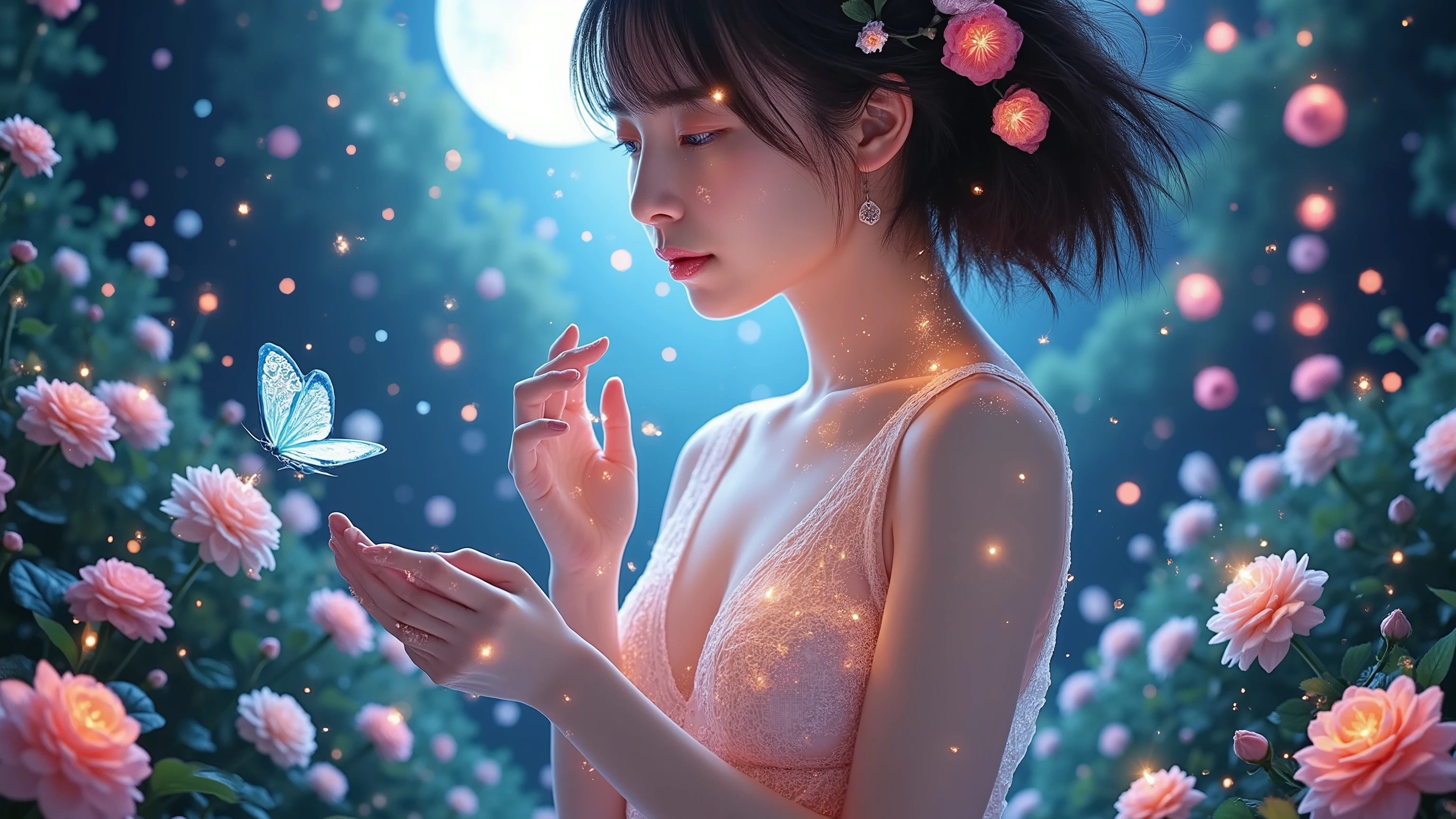 something with a name , Vx in the style of, movie lights ,lots of petals, Night , dark fantasy , women under puberty {x} Free Fireゲームバトル背景 , masterpiece, Highest quality , very detailed ,8K scenery ,unity 8k 壁紙, very detailed illustration , Japanese Manga , Style Vx