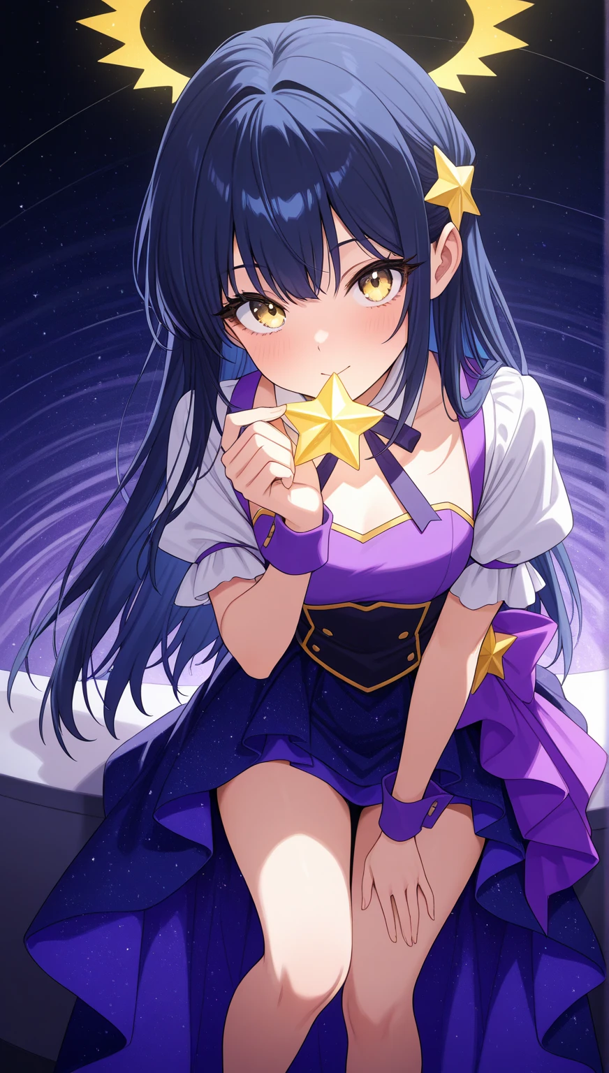 girl, Located in the corner, looking at the Sky, alone, Mona (Genshin Impact), collar, hair between eyes, Star (symbol), long hair, dark purple hair, Double tail, blue eyes, shining eyes, jewelry, witch, maid, Bangs, Purple black dress, Purple skirt, white apron, landscape, night Sky, Star (Sky), Starry Sky, night, outdoor, cloud, reflection, water, magic, tarot cards, water magic, ((beautiful golden crystal Star)), space, water droplets, splash