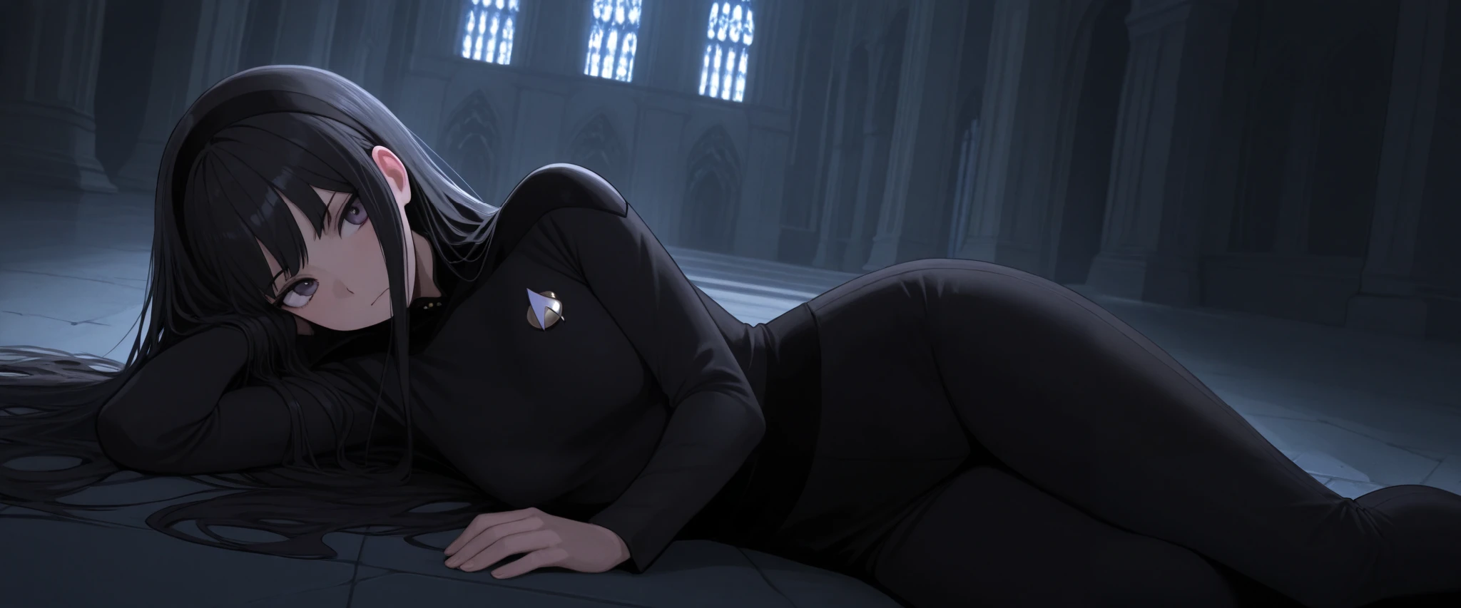 masterpiece,best quality,
,solo,,hairband , goth black hair,long hair,bangs,by gothic cathedral in hair,,streaks moonlight,deadpan, ,  TNG black lace uniform,black pants ,