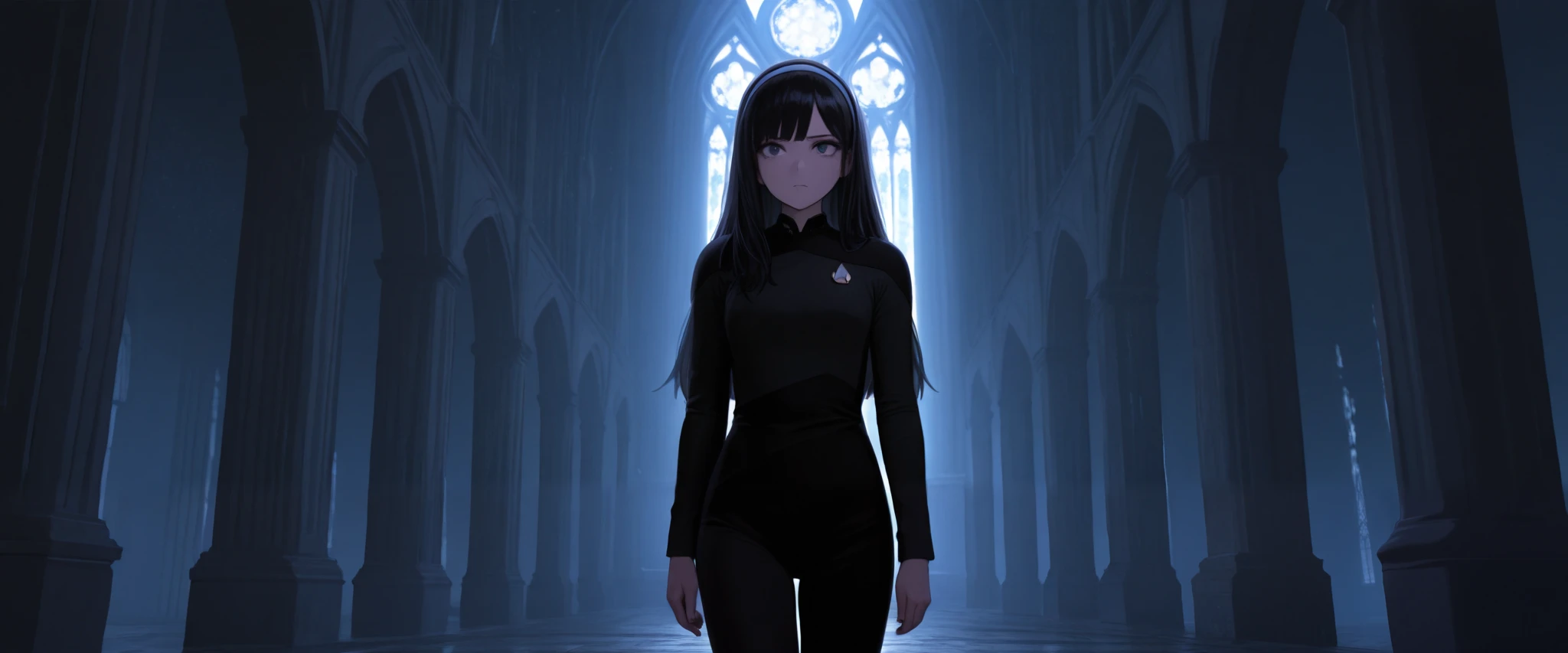 masterpiece,best quality,
,solo,,hairband , goth black hair,long hair,bangs,by gothic cathedral in hair,,streaks moonlight,deadpan, , TNG black lace uniform,black pants ,