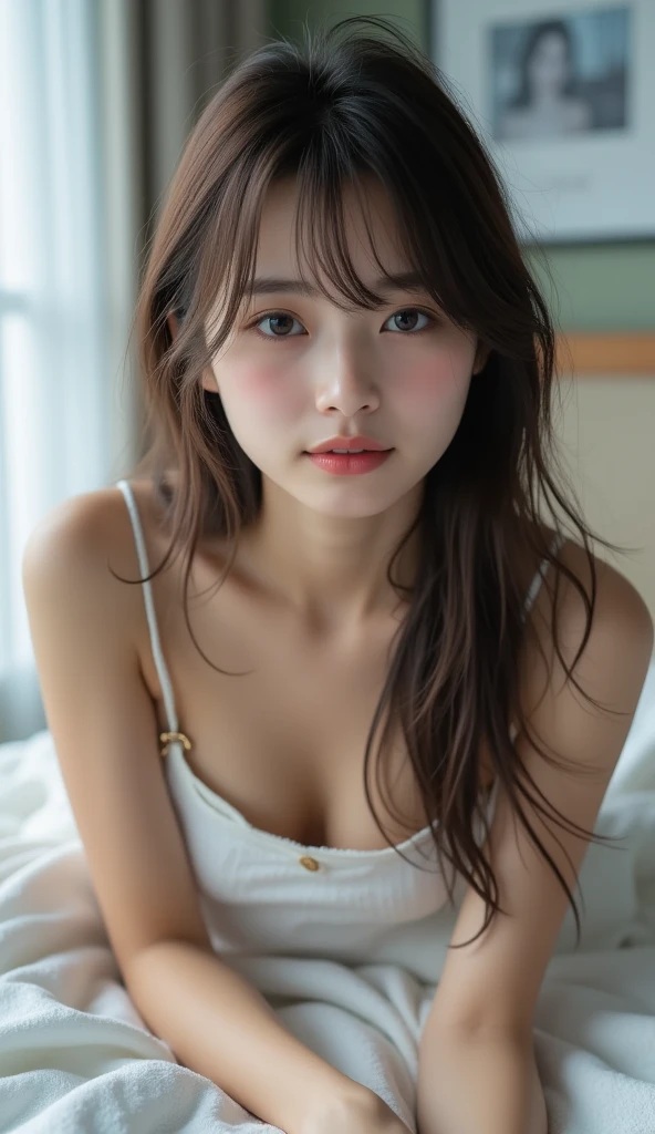 (Masterpiece, BestQuality:1.3), (ultra detailed:1.2), (hyperrealistic:1.3), (RAW photo:1.2),High detail RAW color photo, professional photograph, (Photorealistic:1.4), (realistic:1.4), ,professional lighting, (japanese), beautiful face, (realistic face), cute woman, (Big Tits:1.5), (cheerful Smile:1.35), Trending Hair&Trending Hairカラーをランダムに, earrings, necklace, bracelet, sexly, erotic sexly, Random sexy gravure poses, (A beautiful brunette woman in white lace lingerie is smiling sexily in bed。Her hair is short and wavy.、Lying down。:1.3)