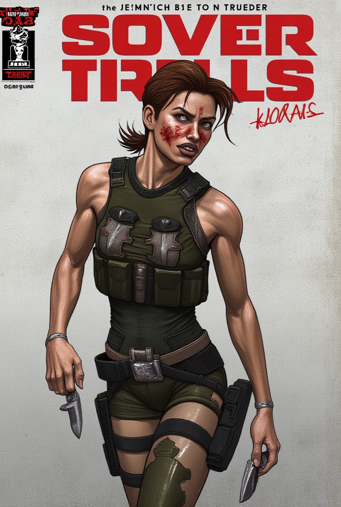 female officer, lieutenant eve dallas, tall and lean muscular body, athletic, short choppy brown hair, striking, part of a S. H. I. E. L. D. unit,  is holding a knife for close combat, bloody face, grim termination, combat gear is torn, full body picture 