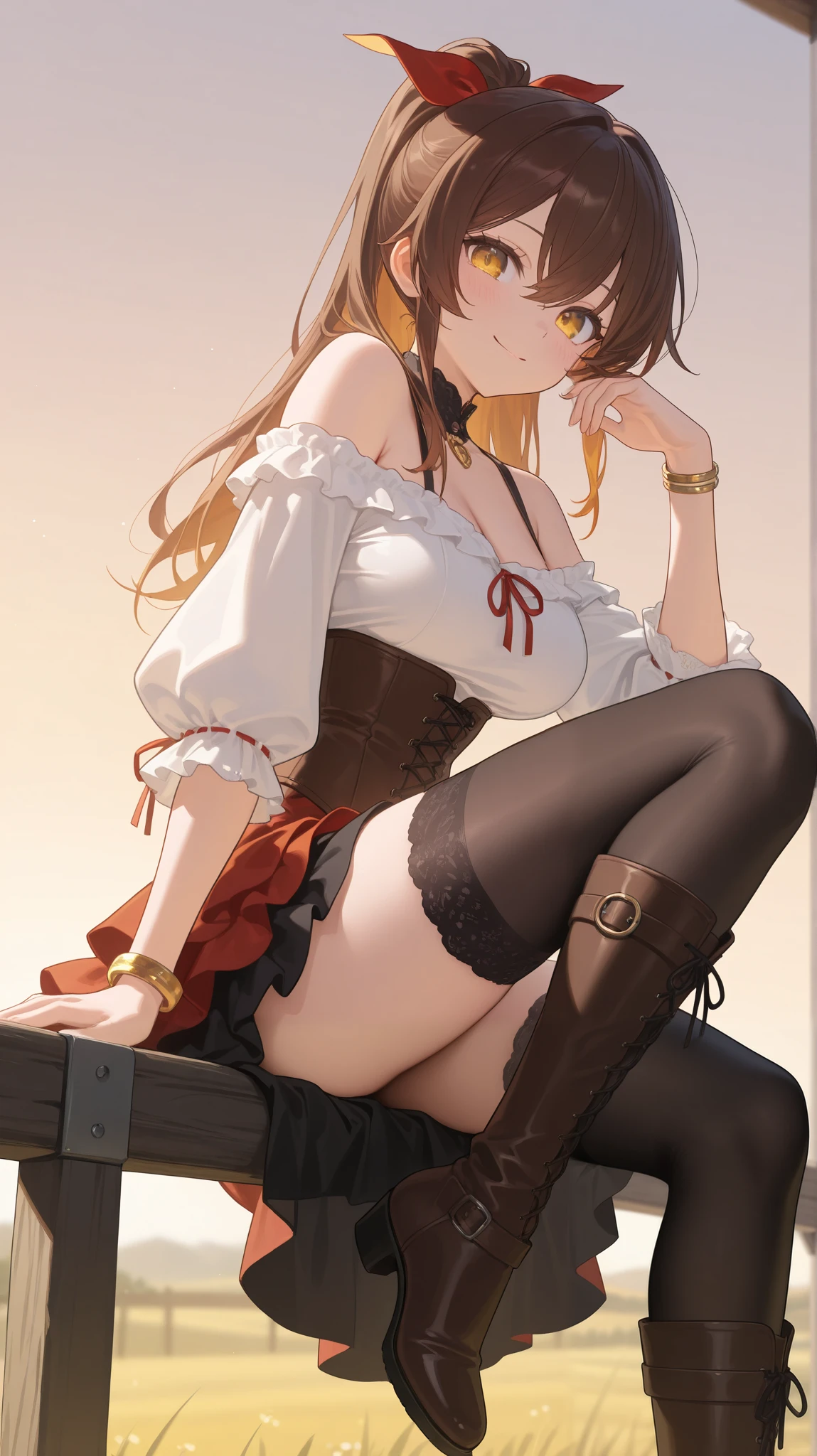 masterpiece, best quality, close up wide angle, charming poses, beach,
maruzensky \(umamusume\),
red side-tie bikini bottom, open jacket, white bow, open clothes, high heel boots,
sunlight,