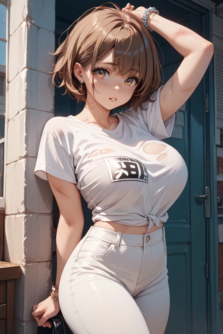 1 woman 21 years old , ochaco uraraka ( boku no hero academia) , bimbo, short tank top, jeans shorts, tight clotheit body, muscoled body, hourglass figure, wasp waist, bedroom background, 1 image, high definition image, stupid bimbo expression,(( clotheull body, haegao face, huge tits, wide hips, petite body, naoughty expression, sexy, clear image, 4k image, highly detailed face, flirty, gorgeus face, 1 body image, highly detailed image, out going, thicc thighs, flirty smile, hore face, highly detailed face, on all fours on the bed, squeeze boobs, out going, Happy