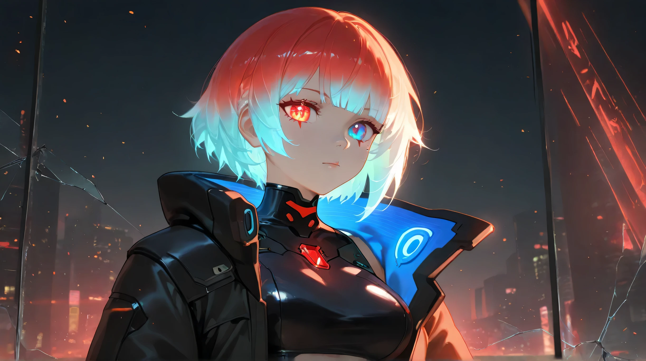 Masterpiece, Best Quality, Top Quality, Very Detailed, 1 girl, A futuristic cyberpunk female warrior with white, glowing hair and striking heterochromia (one red eye, one blue eye). She wears a sleek, high-tech with glowing red gemstones and metallic accents. Her expression is confident yet enigmatic, as she stands in a dystopian cityscape filled with neon lights, shattered glass, and glowing embers. The scene is dark, illuminated by flickering blue and red lights, creating a cinematic and high-energy sci-fi aesthetic. The artwork is ultra-detailed, with a blend of anime and semi-realistic cyberpunk style.