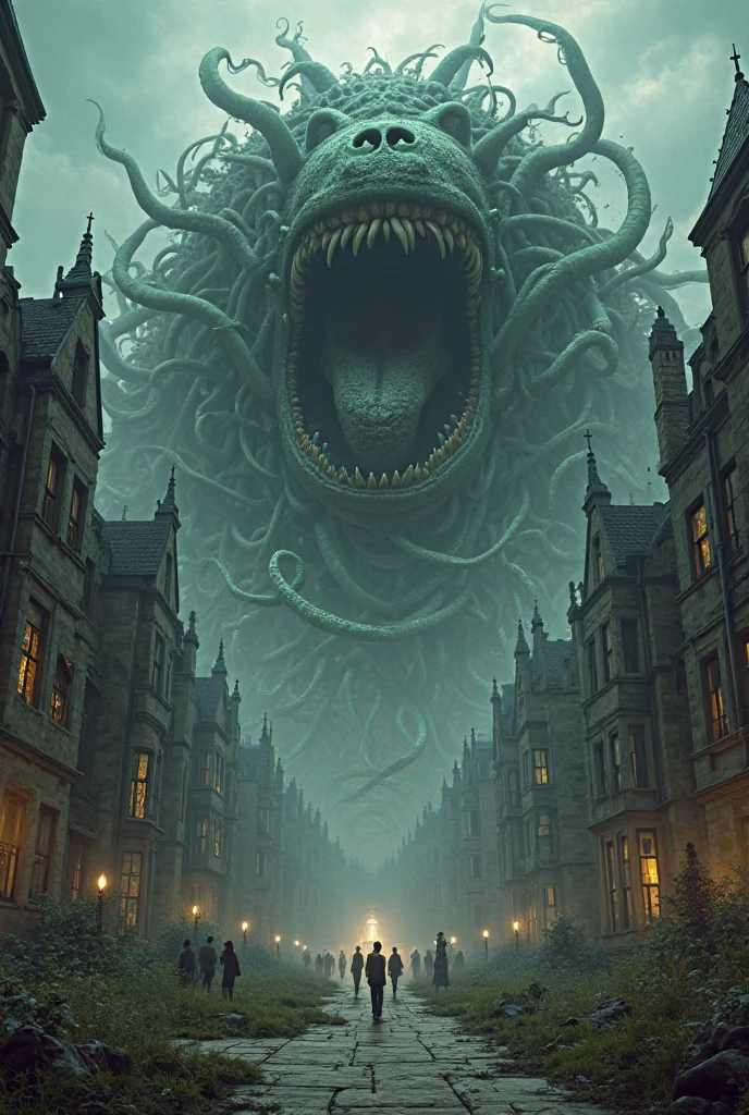 (extremadamente detallado, obra maestra, La mejor calidad), Estilo oscuro, intense illumination, rostro con arrugas, lengua larga, tentacle, deforme, monstruoso, interior de una piscina de agua verdosa, imagen submarina, alien con Colmillos finos, pico de pulpo amenazante. manchas de tinta. Rococo composition. Luz de caravaggio