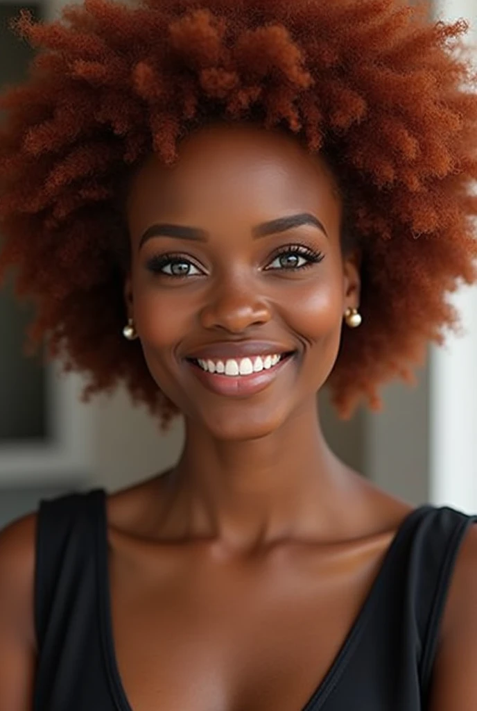 1girl, short hair, red hair, brown eyes, gigantic breasts, perfect detailed eyes, perfect detailed face, perfect smile, black dress, cleavage, dark skin, dark-skinned female, upper body