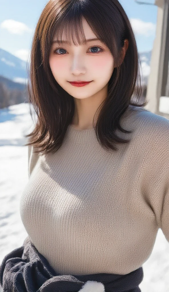 (masterpiece:1.35),(best-quality:1.4),8k,ultra-detailed,photography,(ultra-realistic:1.4), adult girl, long hair, sweater, snowing background, Large Breast, Slim Body,