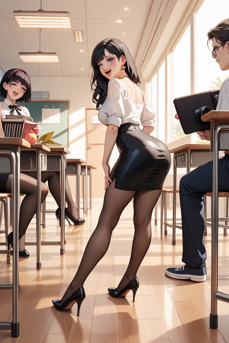 five 18 year old girls, massive breasts, massive hips, massive thighs, massive calves, slender waist, white shirt, wet shirt, empty classroom, playful, hourglass figure, shiny black pantyhose, exposed breasts, exposed ass, high heels with ankle strap, detailed eyes, leggings, kissing each other, 4K high resolution