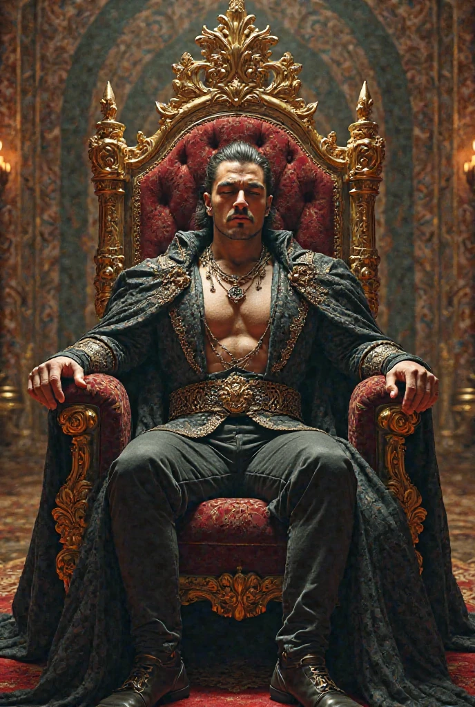 A former evil sorcerer, half-naked young man, repentant and ashamed, is ready to take punishment from his king.