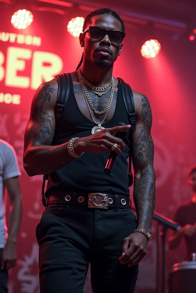 ((masterpiece, best quality)),(complex lighting) ,solo,(((1guy))), ((Black skin)), emo rapper, Slightly notorious criminal, mischievous toothy grin with several gold teeth, ((light skinned)), freckled face, undercut with long bangs, dark red hair, tattoos, distinctive intricate tattoo on left side of his face, heavily tattooed, gun tattoo on stomach, gold chains, diamond necklace and diamond earrings, baggy pants, performing on stage, (((anime style))), (((8k)))