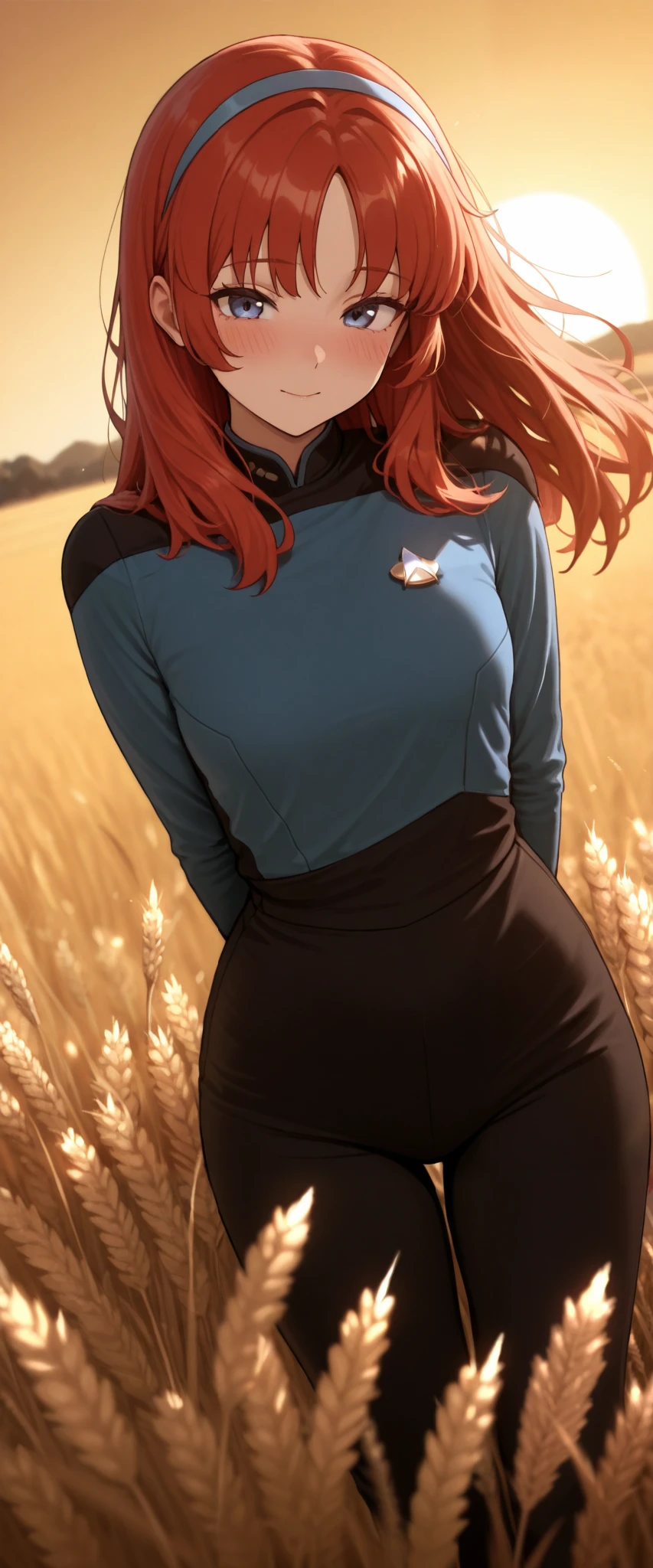 masterpiece,best quality,
,solo,,hairband , ginger red hair,long hair,bangs,in a wheat,field in hair,,golden sunset,blush blissful, pleasantly Wheatfield TNG blue uniform,black pants ,
