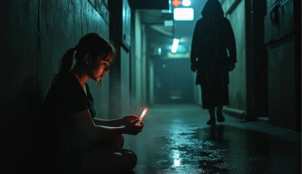 Silhouette of a man with long hair in a ponytail sitting alone in the middle of the night,smoke a cigarette.behind the man there is a shadow of a beautiful, invisible woman as if she is watching him