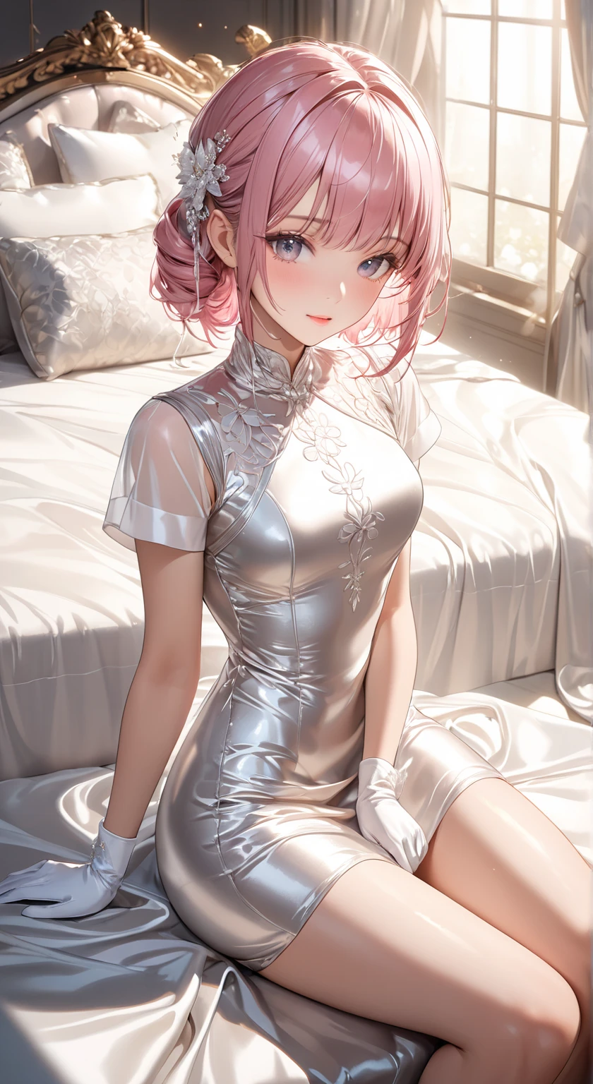 ((Sexy dress, Pencil Skirt)), skindentation, skinny, solo, 1 woman, Masterpiece, highest quality, highest quality, 16K, incredibly absurd, highly detailed, 2.5D, ai-generated, delicate and dynamic, very delicate facial expressions, delicate eye depiction, erotic, only sexy woman, healthy figure, 25-year-old woman, bride, 160cm tall, medium firm swaying bust (short hair), (pink hair:1.5), bob cut, black eye, sexy, ((thin thighs)), (Erect nipples:0.8), (visible nipples:0.8), (camel toe:0.8), ((shiny and lustrous)), facing straight at viewer, smile, (standing), cowboy shot, (arms behind back),