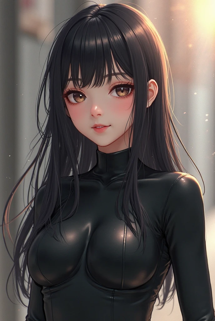 (RAW Photo:1.2), (Photorealistic:1.4), (Masterpiece:1.3), (Top Quality:1.4), Dreamy, (Detailed Eyes), (Detailed Facial Features), (Detailed Clothing Features), Skin Tone, (Shiny Skin), (Slender Girl), (Slim Girl),1girl,((Full Length ))), solo,cute,smlie,VirtualGirl-Aim,(medium bust),bangs,straight hair,long hair,black hair,black eyes,crystal pendant,black latex rubber tight bodysuit,protruding,