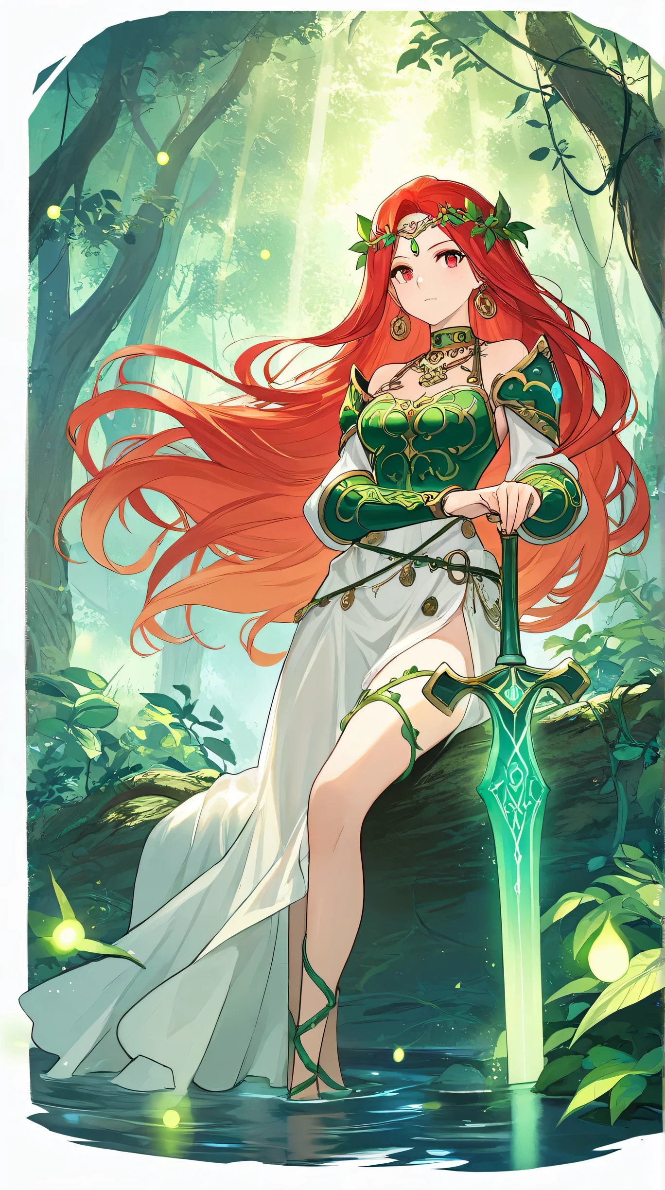 Masterpiece, Best Quality, Top Quality, Very Detailed, 1 girl, A stunning warrior with long, flowing crimson hair and piercing red eyes, resting in a mystical jungle bathed in golden light. She wears a nature-infused emerald green armor, adorned with leaf patterns that blend with her surroundings. A massive, ornate greatsword stands beside her, embedded in the ground, signifying her strength and battle prowess. The jungle is lush, with towering ancient trees, vines, and glowing fireflies floating in the air. The atmosphere is serene yet powerful, with sunrays cutting through the dense foliage, illuminating her ethereal beauty. Ultra-detailed, cinematic fantasy artwork in a semi-realistic anime style.
