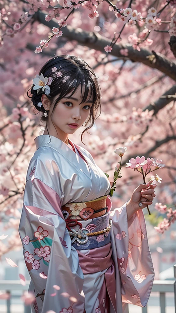 (32K, BEST QUALITY, masterpiece, photorealistic on the bed, super high resolution), ((Cherry Blossom Petals, Big Cherry Blossom Tree)), Highly Detailed Skin and Face Textures:1.3, perfect dynamic composition:1.4, (the night before a shrine in a modern city, Expressions of joy:0.8, crying, Aching Heart :1.0), after the rain, slim woman, white skin, wet body, wet hair, (Wearing a professional kimono, Holding a bouquet of wet cherry blossoms, wet white kimono),  beauty, perfect style, beautiful and aesthetic, medium ,   gap, (very pretty face:1.0, Beautiful  eyes:0.8, Overly sensual:0.8, enchanting:0.8), earrings, wedding ring, Water droplets on skin