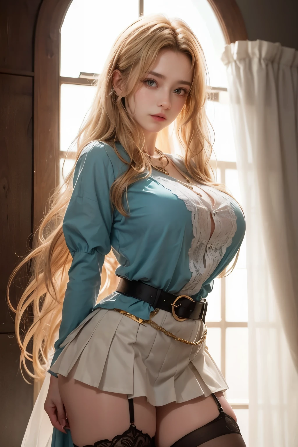 Ultra Realistic, absurd, 8K, Perfect Art, Super Detailed Rendering, Masterpiece, High Quality, high resolution, ultra-detailed, Clean, Masterpiece, Professional Artwork, beautiful, masterpiece, best quality, Bright Golden Blue Eyes, (sparkling eyes:1.5), beautiful Blue eyes, (blonde hair: 1.4), long hair, beautiful face, detailed female face, (((perfect female body, narrow waist))), beautiful female body, full body, very pretty woman, young, very pretty woman, sexy, short, sexy, very attractive, (very big breasts:1.4), (huge breasts), rogue anime girl, rpg portrait full body, official character art, Bangs, Twin Drills, twintails, hair bows, red scarf around kneck, Green vest over a white t-shirt, Gray short shorts, gold belt, coiled whip hanging from hip, white thigh highs, brown walking boots, buxom chested, large breasts size, with large breasts, stunning, big breasts, slipping out of top, areola, areola slip, visible areola, NSFW, nsfw, big breasts!, nsfw huge breasts, Oppai
