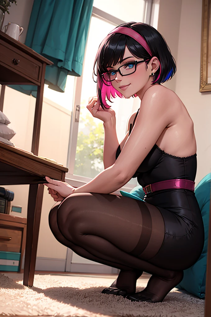 Young emo secretary, in sexy clothes, Shows ass, Erotic lingerie, sexy pose