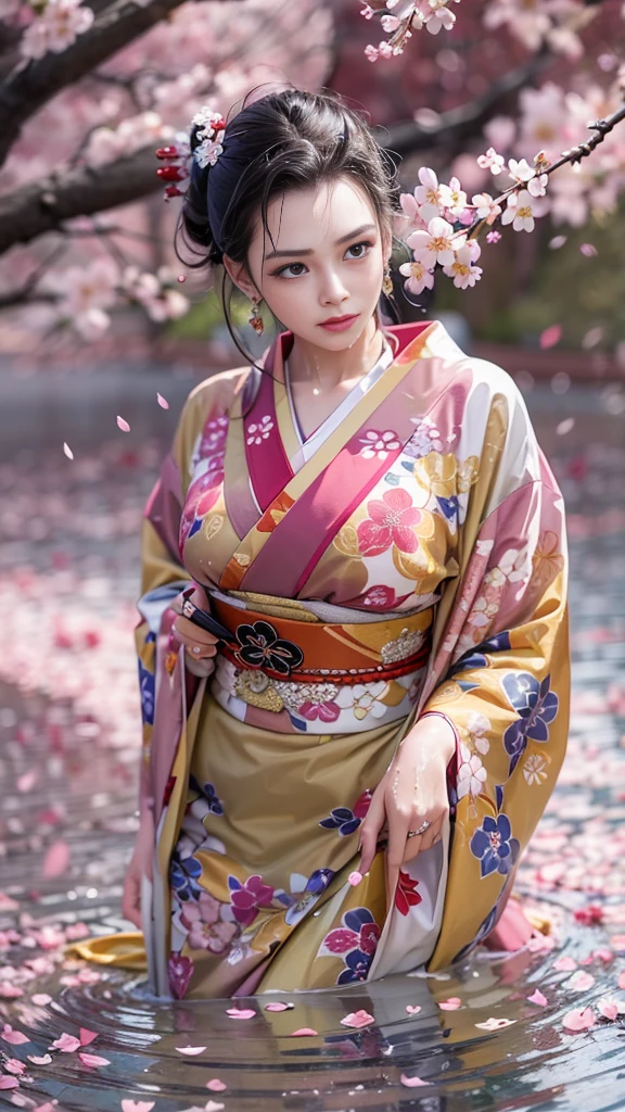(32K, BEST QUALITY, masterpiece, photorealistic on the bed, super high resolution), ((Cherry Blossom Petals, Big Cherry Blossom Tree)), Highly Detailed Skin and Face Textures:1.3, perfect dynamic composition:1.4, (the night before a shrine in a modern city, Expressions of joy:0.8, crying, Aching Heart :1.0), after the rain, slim woman, white skin, wet body, wet hair, (Wearing a professional kimono, Holding a bouquet of wet cherry blossoms, wet white kimono),  beauty, perfect style, beautiful and aesthetic, medium ,   gap, (very pretty face:1.0, Beautiful  eyes:0.8, Overly sensual:0.8, enchanting:0.8), earrings, wedding ring, Water droplets on skin