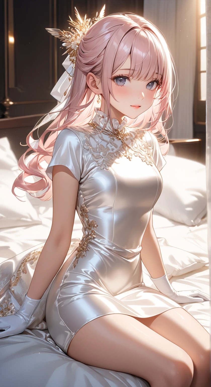 ((Highest quality)), ((masterpiece)), (detailed), (Perfect Face)、The woman is Lacus Clyne, with blue eyes and medium-long pink hair. She is dressed in a luxurious, transparent, white, gold-embroidered and bordered, transparent, see-through Chinese dress with a long slit that reveals her skin, and she is adorned with luxurious accessories and an engagement ring.
