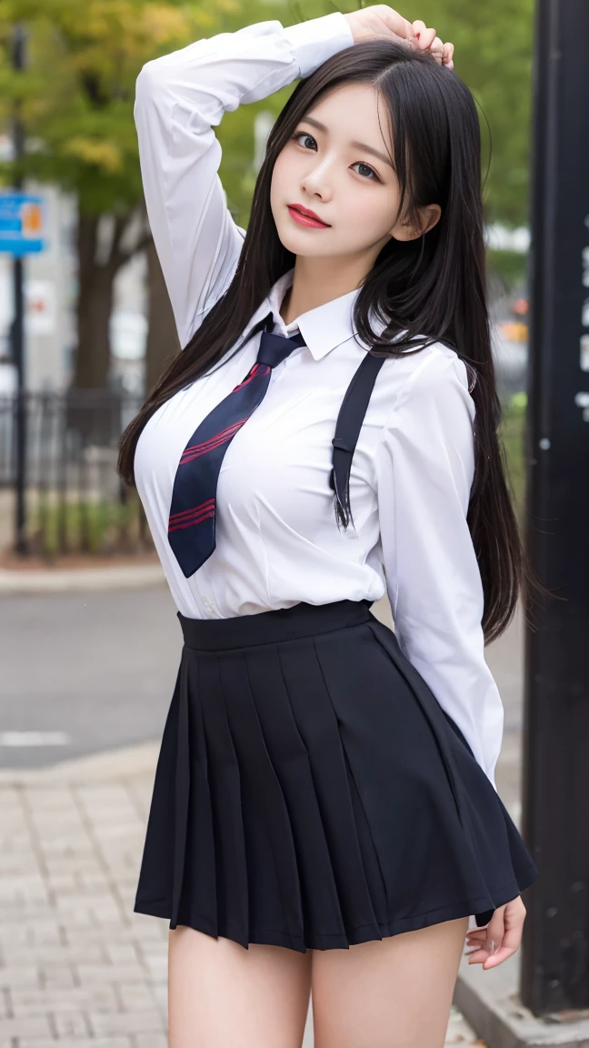 （best qualtiy，8k，tmasterpiece：1.3））,1girll, ssmile,full bodyesbian,Slim Faces,slim toned body,Beautiful woman,exquisite facial features,(High School Uniforms:1.4),Super detailed face,Detailed eyes,二重まぶた,((A shallow smile:1.2)),blur backgroun,城市， do lado de fora， the street,voluptuous figure,Natural lighting,Bright light,((A plump chest:0.6)),((low  angle shot:0.9))