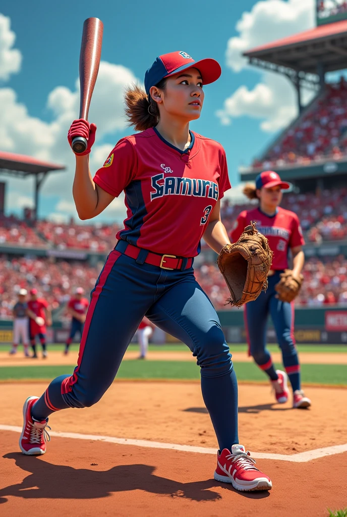 ((8k)), Highest quality, 超High resolution,(High resolution), 1 girl, Japanese, Chubby Olympian, Baseball uniforms, Japanese Representative, Overweight, Very fat, ((Chubby)),baseball Ground