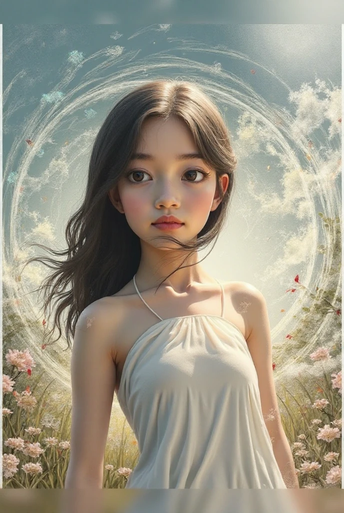 Cute girl about 10 years old, playful expression, sly smile, brown hair, big eyes, dynamic angle, fireworks burning in the background, sunset, white smoke rising in the air, (cute, lovely, attractive: 1.2), (surreal, realistic: 1.37), (best quality, 4k, 8k, high resolution, masterpiece: 1.2), very detailed, (vivid colors, bokeh)