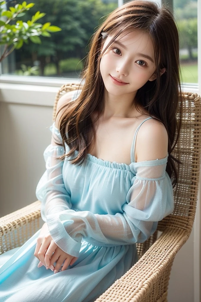 one woman、japanese woman、20-year-old beauty、professional lighting、medium long hair、brunette colored hair、brook in the forest、A sheer slip、Pastel blue lace underwear、mini skirt、High resolution、gentle expression、fascinating eyes、no makeup、Cute smile like an idol、loose lips、catch light、Foot-to-foot display、hair fluttering in the wind、Show women smaller、Beautiful legs extending from the skirt、Show from skirt to knee、Use a reflector to bring light to your face、sitting on the bench、look at camera