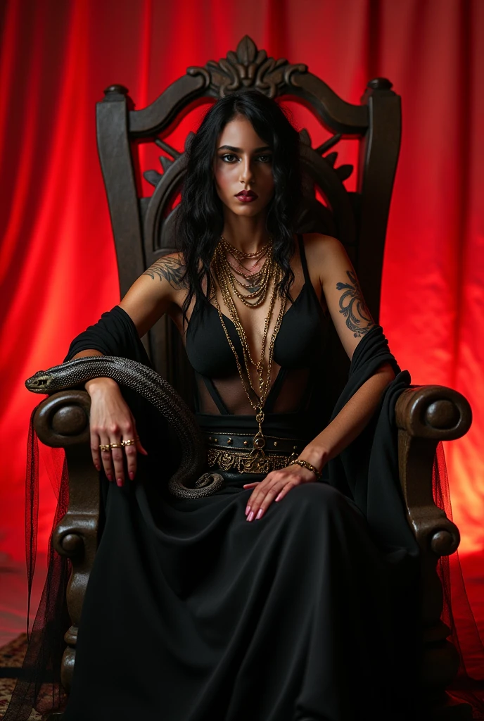 ((Benevolent ((dark-skinned Indonesian)) (goth) goddess)) with (long hair) sitting in an (opulent throne made out of bones) while reading The Divine Comedy, wearing a sleeveless red latex top, traditional Buddhist tattoos on arms and legs, wearing chunky golden bracelets and thigh high stockings, plump thighs, high quality photo, sitting in the middle of a (Buddhist hell realm with dense cannabis sativa forest)