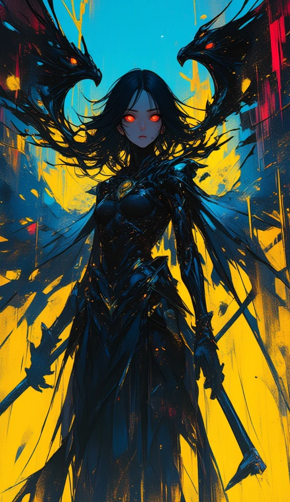 {in style of Hans Hartung},[in style of Andy Kehoe:0.5],in style of Anne Bachelier
(1girl:1.4),{cowboy shot:1.4}，Extreme Shadow，Extreme Darkness，Neon glowing eyes in the dark