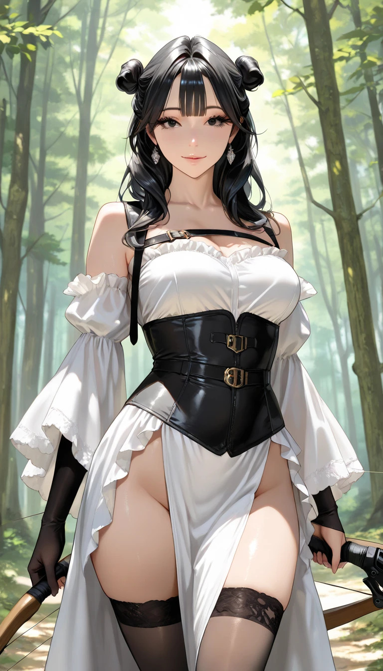 yoshida akihiko, 1girl, agnes oblige, arm support, bangs, black eyes, black gloves, black hair, black thighhighs, boots, dress, forest, gloves, hairband, hand on own chest, leg up, long hair, nature, smile, solo, swept bangs, thigh boots, thighhighs, white dress , bravely default: flying fairy, bravely default \(series\), <lora:akihikoYoshidaBravelyDefault_1:0.6>