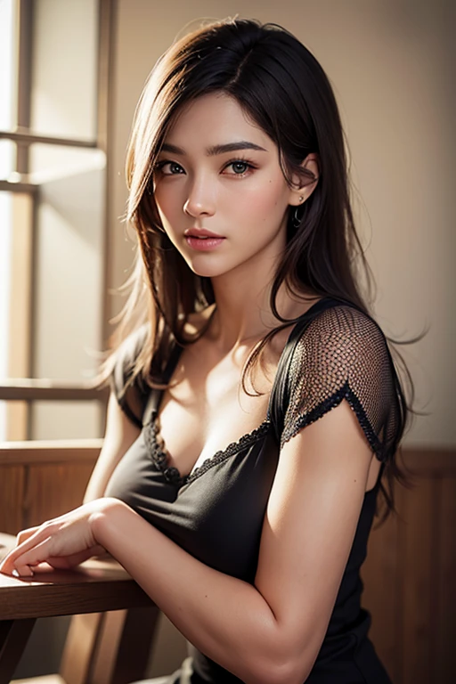 table top , best quality, Very detailed, photograph, Very delicate and beautiful,high resolution, 1 girl comes in, 21 years old, Beautiful girl in Japan, Medium chest, beautiful and proportional., plump lips, Wavy hair,short hair, Detailed eyes,Detailed facial features, Detailed weapons,Finger Details,detailed legs, bedroom,lying on the bed, Black open shoulder sweater, Perfect dynamic composition, Beautiful Detailed eyes , beach, sexy face, She smiled showing beautiful white teeth ,The face felt joyful., ((A face at the peak of sexual arousal)), ((Sensation of the sexual face)), (Blue Light), Film texture, SLR camera, Lens focal length 35 mm
