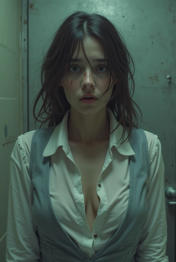 Nathalie Portman beautiful face and full body, 1solo, She's hiding from something that's chasing her, Wet white blouse unbuttoned, White uniform smeared with blood and torn, dressed to seduce, ultra realistic and detailed photography, best quality, realistic photography style, sexy, cinematic effect, cold and gloomy colors, ultra realistic and detailed cracked skin, she is dressed in o Sexy nurse costume, she cosplays as a nurse, nursing uniform with provocative neckline, thin waist, provocative pose, dark street at night, abandoned hospital, abandoned hospital room, dark and cold place, damp and scary, she is sweating fear, is all covered in dust and blood but maintains an irresistible sensuality, dark fog in the style of horror and suspense films, cinematography in the style of director Zeck Snader.  Blurred background highlighting the character of a sensual nurse, high shadow curve, maximum sharpness, full HD resolution, wide-angle lens photography, f1.2 background blur, dark vignette, highlighted shadows, low light,