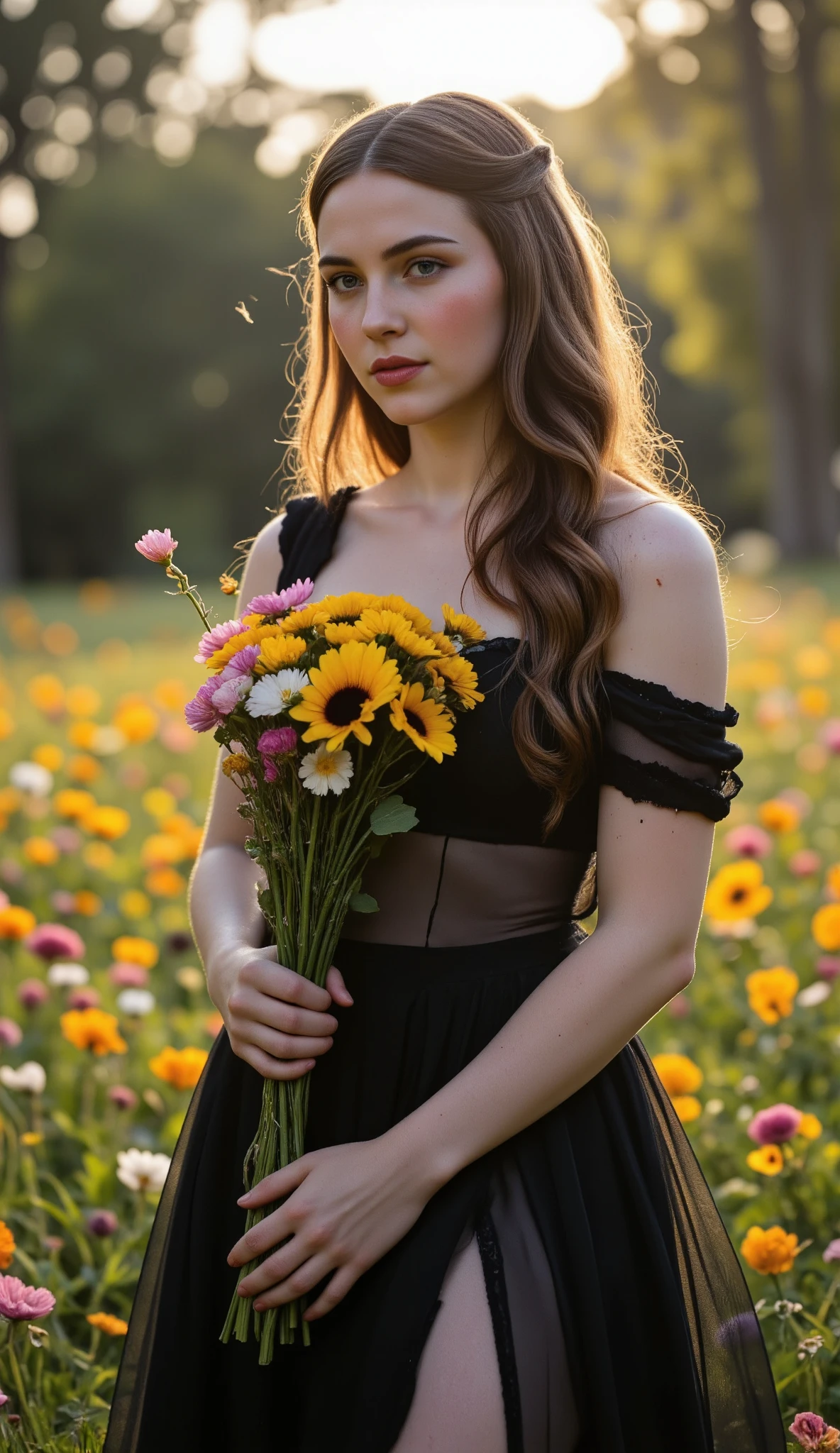 A Gothic woman of breathtaking beauty, that embodies the essence of femininity, fertility and purity, stands gracefully on a sunny meadow, full of wild flowers. Her long, undulating wavy brown hair, with freckles,light brown eyes, reminiscent of red wine, cascade down her back, reflecting light and shining like a halo around her. She wears a delicate and ethereal dress of soft transparent black fabric that flutters softly in the breeze, accentuating her grace figure y evoking a sense of innocence and serenity. The camera captures it from a low, ascending angle, , enhancing her stature and the divine quality of her presence, making it seem to emerge from nature itself. Sunlight filters through the trees, creating a mottled effect around her and illuminating her flawless white skin, that shines with a natural glow. Her deep blue eyes, that reflect the beauty of the meadow, are full of warmth and compassion, inviting the spectator to connect with her essence. on one hand, holds a bouquet of vibrant wild flowers, symbol of life and fertility, while the other one rests softly on her heart, symbol of love and purity. The background is a soft spot of colorful flowers and vegetation, creating a dreamy atmosphere that enhances her ethereal beauty. This portrait captures not only the visual appeal, but also the deep essence of femininity, marveling the spectator with its impressive representation of femininity and grace
