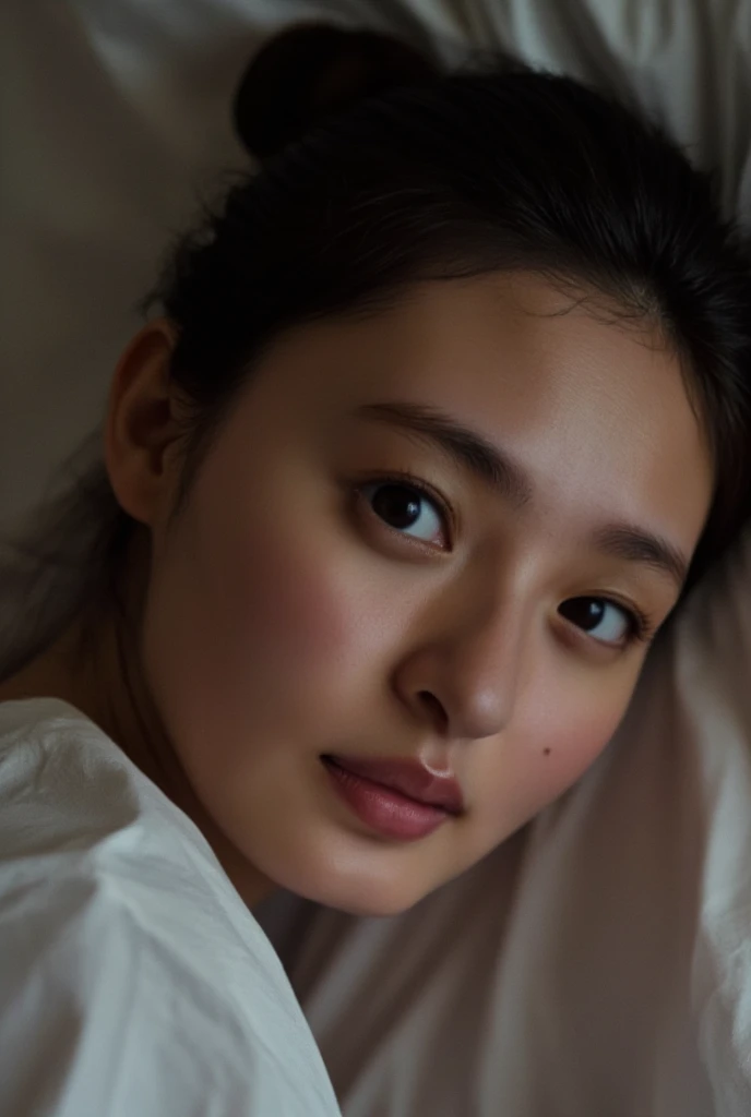 RAW photo, (high detail) ,film grain, masterpiece, 45mm lens , close up , bed, deep shadows, contrast, (selfie), mouth open 4nn4k3ndrick, naked, (looking away, blushing), disgusted expression