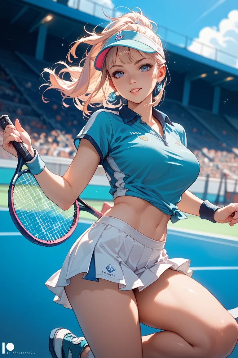 (Best Quality,8K,hight resolution,masuter piece:1.2),Ultra-detailed,Realistic:1.37,Portrait,Dynamic Angle,(Female tennis players) ,age girl,small head,Cute,Sporty,Charming face,Detailed beauty face,Very realistic skin,Wet skin,Sweat,Large breasts,nice legs,Skirt fluttering ,Sporty,Tennis Competition Venues ,Cinematic lighting,