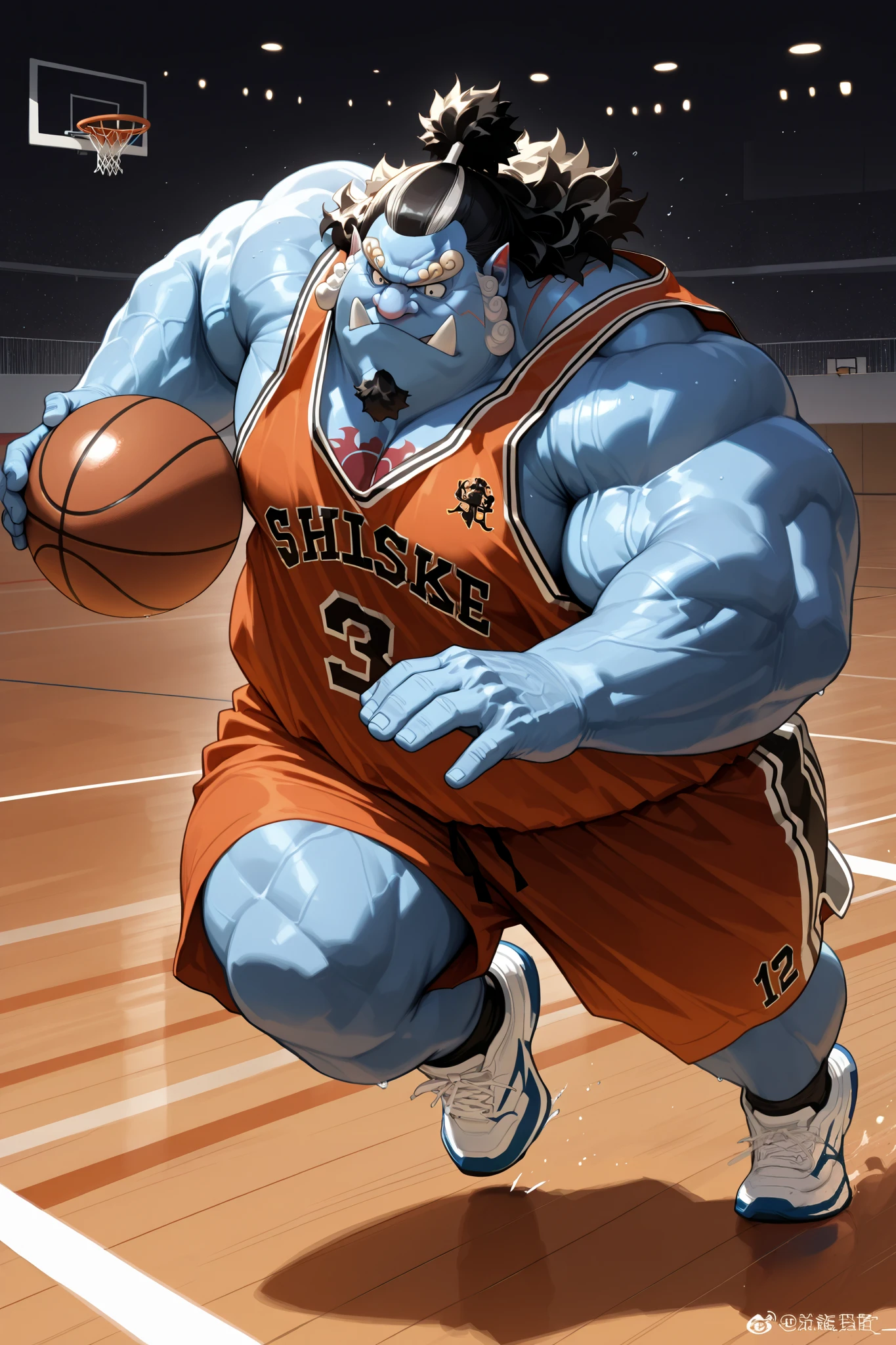solo, chubby jinbe, chest tattoo, happy, side chest, Stand slightly sideways, side angel, shirtless, very huge pectoral, shorts, basketball, jersey, basketball fields, running, playing basketball, dribble ball, detailed face:1.3, eyes, wide shoulder, thick arms, wide pectoral, muscle, short hair:1.2, masterpiece, semirealistic:1.2, high detailed, 8k, high resolution