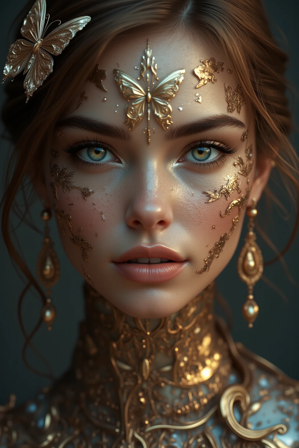 8k portrait of beautiful cyborg with brown hair, intricate, elegant, highly detailed, majestic, digital photography, art by artgerm and ruan jia and greg rutkowski surreal painting gold butterfly filigree, broken glass, (masterpiece, sidelighting, finely detailed beautiful eyes: 1.2), hdr, (detailed background window to a new dimension, plants and flowers:0.7) infinity, infinite symbol,
Show less